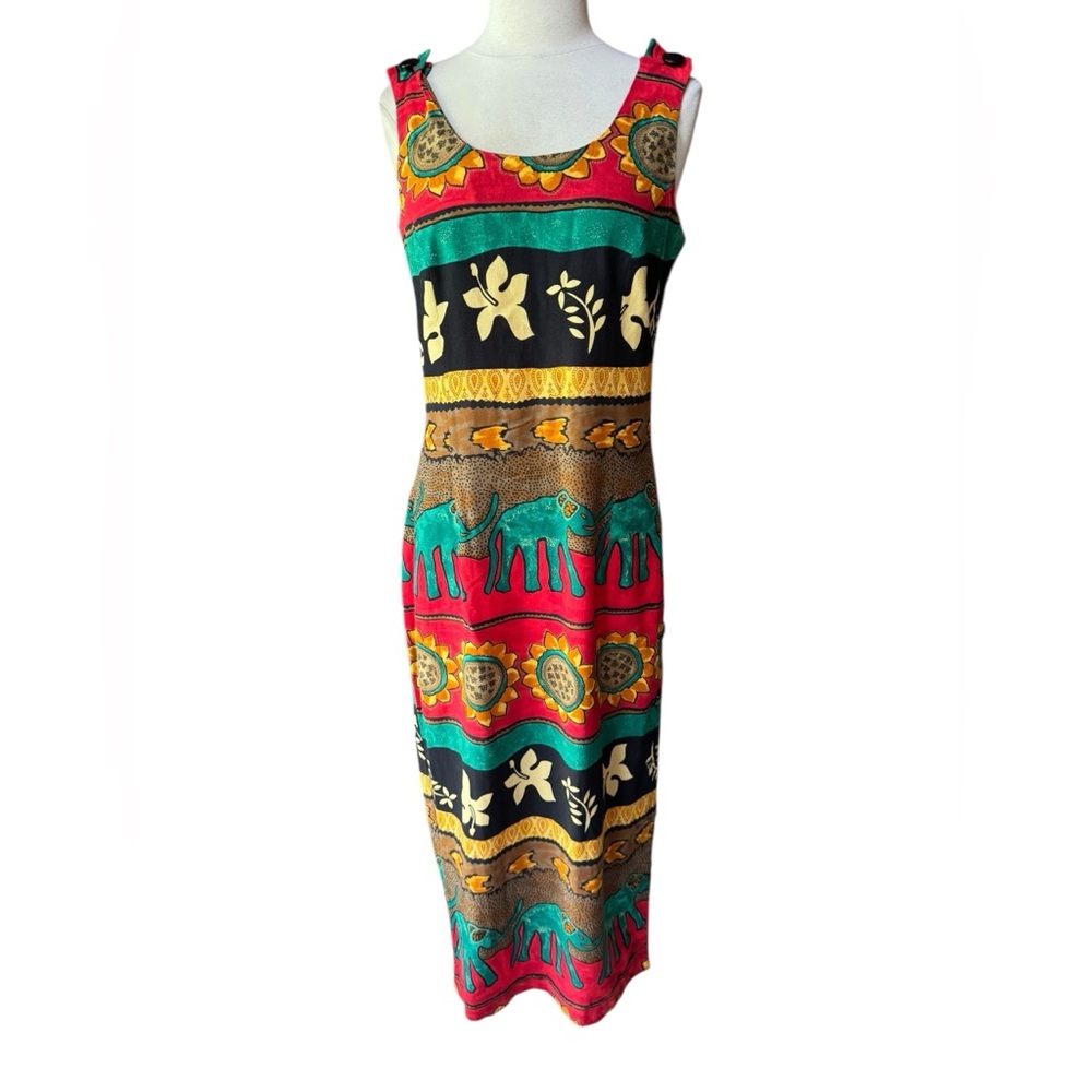 1980s/90s WNY 100% Rayon, Elephants &‎ Sunflower Sheath Sun Dress